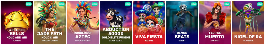 Nieuwe casinospellen bij Spinia Casino, waaronder 3 Roaring Bells, The Jade Path, Wonders of Aztec, Cash Abduction 5000x, Viva Fiesta, Demon Beats, Flor de Muerto en Nigel of Ra