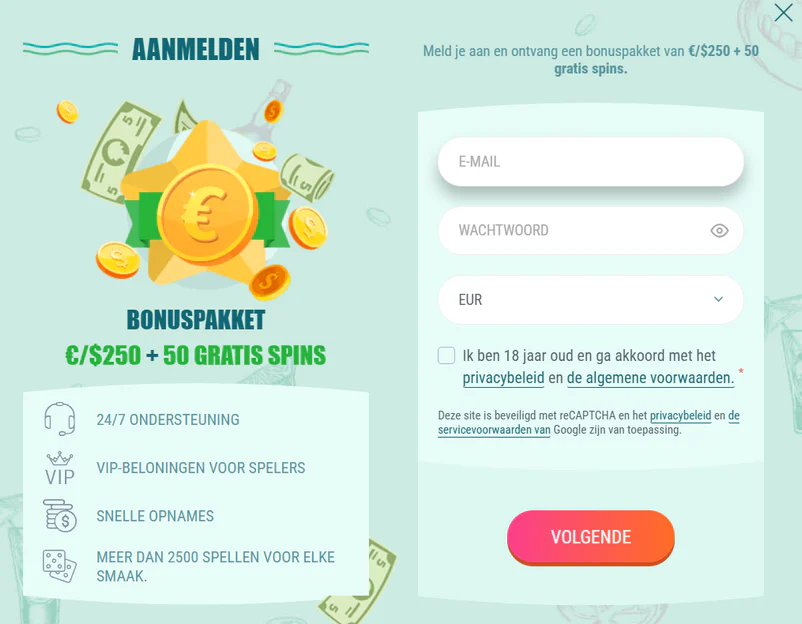 Registratieformulier van Spinia Casino met een welkomstpakket van €/$250 en 50 gratis spins, VIP-beloningen en snelle uitbetalingen